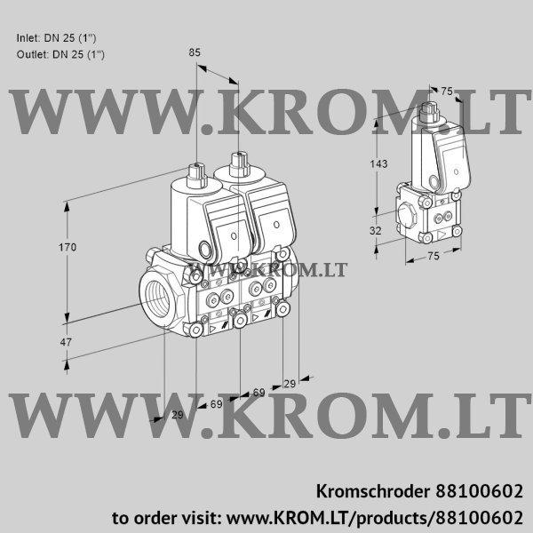 Kromschroder VCS 2E25R/25R05NNWR/PPPP/PPZS, 88100602 double solenoid valve, 88100602