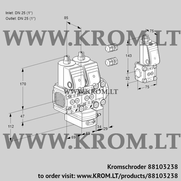 Kromschroder VCH 2E25R/25R05FNHEVWR3/PPPP/PPBS, 88103238 flow rate regulator, 88103238